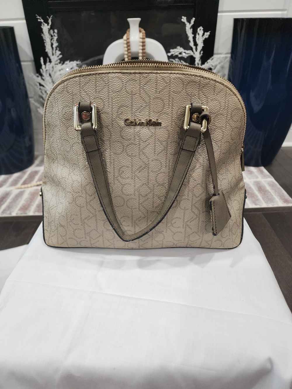 Calvin Klein Beige Monogram Dome Satchel